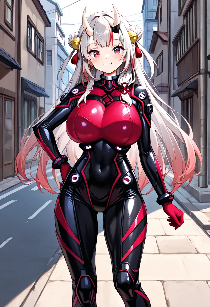 (Highest quality , 8k , masterpiece , incredibly absurdres , perfect body , super detailed skin , highly detailed eyes and face , 1 woman ) ,  nakiri ayame , Silver Hair , red eyes , demon horn , smile ,  will be happy , ( rider suit , street : 1.2 ) , ( h...