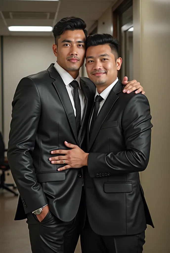 two men hugging, "wearing leather suit, leather ties, leather shirts", shiny black shoes, one is skinny with black side parted undercut hair "not long but short hair" standing behind, the other is "short fat body in front", Indonesian faces, Indonesian peo...