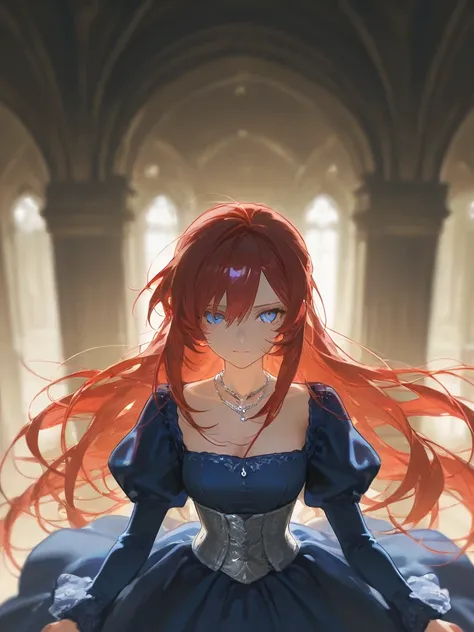 Create a female character with long red hair, blue sharp eyes, a noble blue dress, a Victorian style, a silver necklace, a beautiful tall silver necklace, a standing face, standing, looking at the viewer in full high definition.