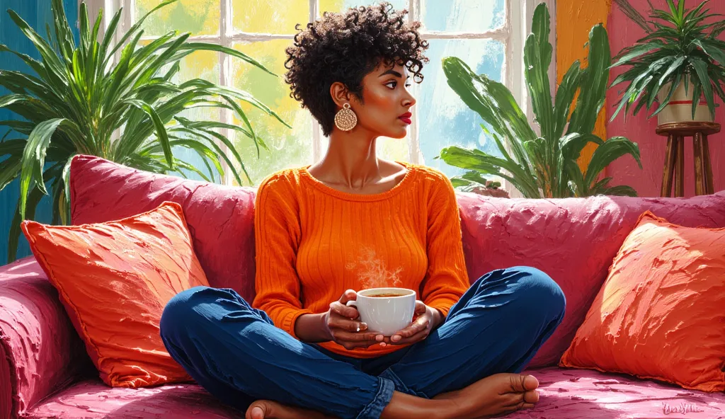 An oil painting airbrush, wet ink, colourful image of a young brunette woman with short curly pixie-cut hair sitting cross-legged on a cosy sofa, drinking coffee in a vibrant boho decor-styled living room. She wears an orange sweater and dark blue pants, w...