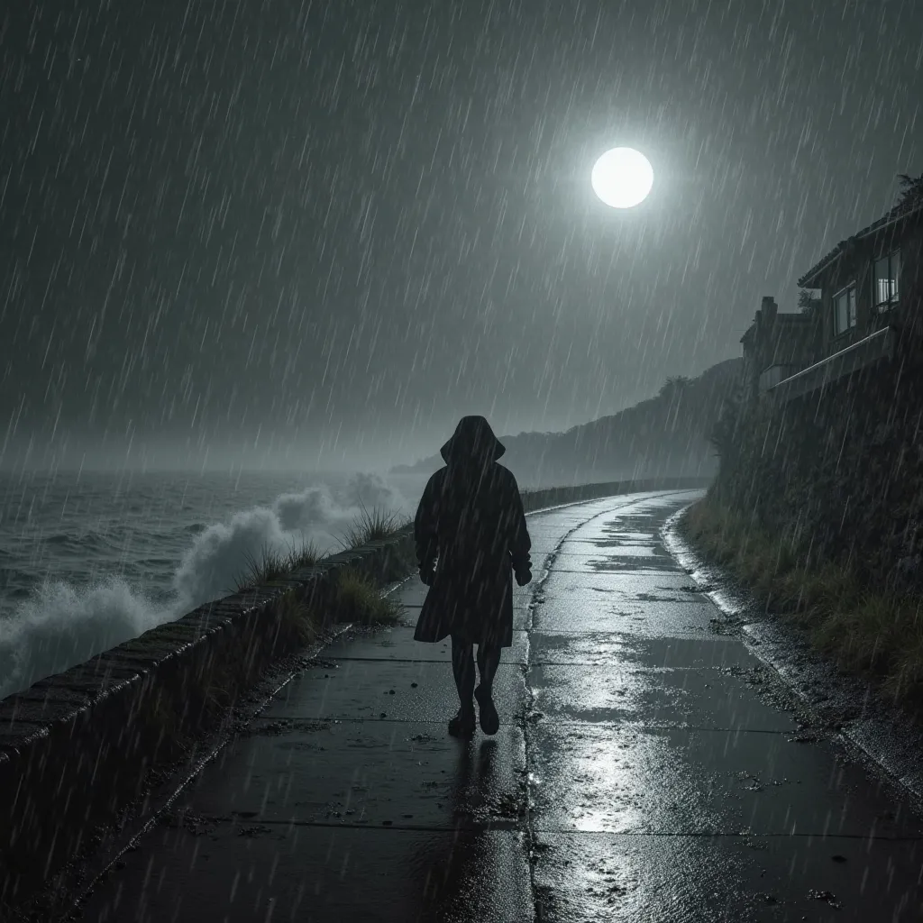 A college student walking on the side of the road looking at the sea, on the middle of the night under a downpour. Colors include only black and white