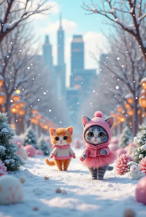 Generate high quality 3D images:Snow is falling from the sky over the city、Cats of many colors are walking in a snowy park wearing pastel colored costumes