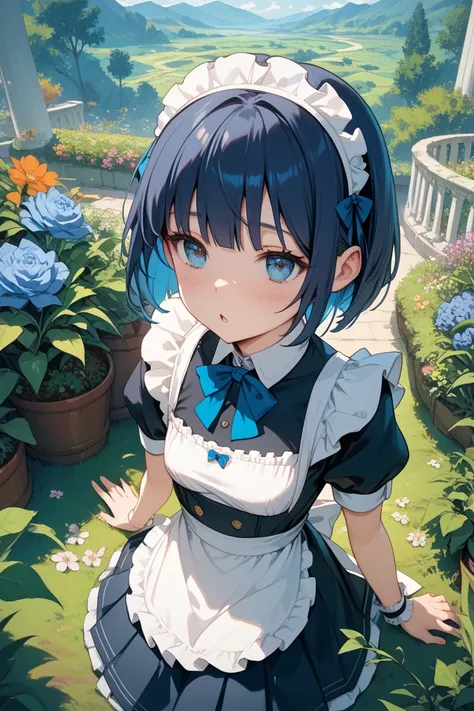 1 girl、Navy Hair、short bob、 Low、slender small tits、miniskirt、valley、garden、maid clothes、glimpse、deep throat