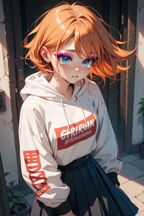 dark cellar
Orange hair　Bouncing Boyish Shorthair　anime style girl　 long eyelashes 　big round eyes　Bright blue eyes　crimson eyeshadow　 in the ear　crying　 is frightened　White Long Sleeve Hoodie with English Letters Printed　long black flared skirt up to the ...