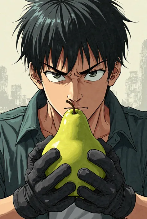  Anime style.  The guy with black hair, 25 years old. Guy hits a pear with gloves. A guy with a serious face 