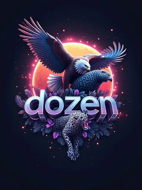 Create a logo with,"DOZEN"word in the center, futuristic Eagle on left and a jaguar on right side representing power. Colourful and shiny