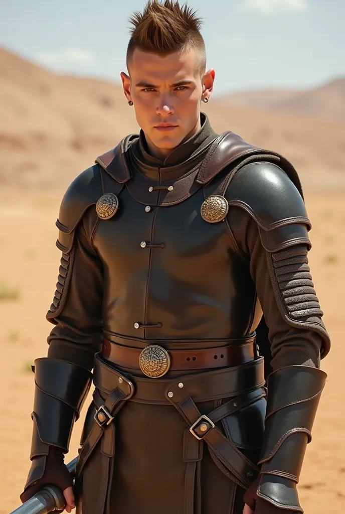 A young man, he is 27 years old, he is European, he is dressed in leather antique armor, he is holding a saber in his right hand, he has a short and dark mohawk, his hair is chestnut colored, he is in the desert, he has brown eyes and a sullen look. He is ...