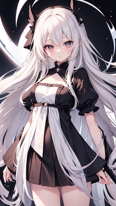  anime girl with long white hair、solo、flat chest、 dark brown hair、long hair、Black Eyes 、Black jersey、dark room background