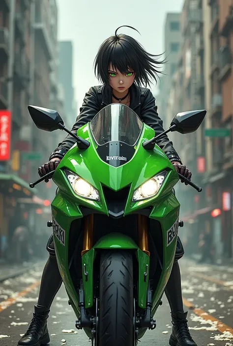 In that the next day the new one appears on a Kawasaki Ninja ZX-10R motorcycle a tall girl short hair Tomboy Black urban style clothing black hourglass body with green eyes