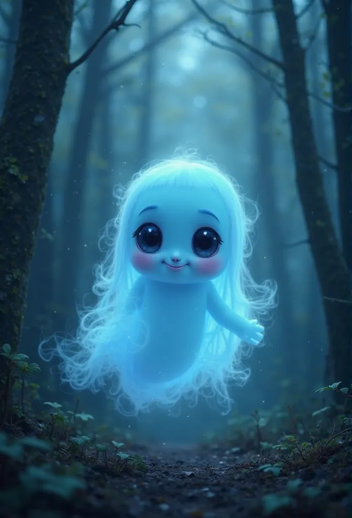 A cute blue ghost girl in the dark woods looking at you happy face