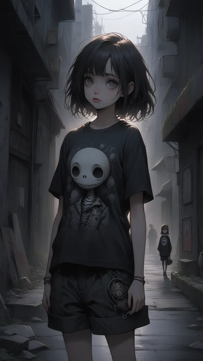 Tim Burton Styles、 1 girl、 printed t-shirt  、 black short cargo pants 、 concrete、 