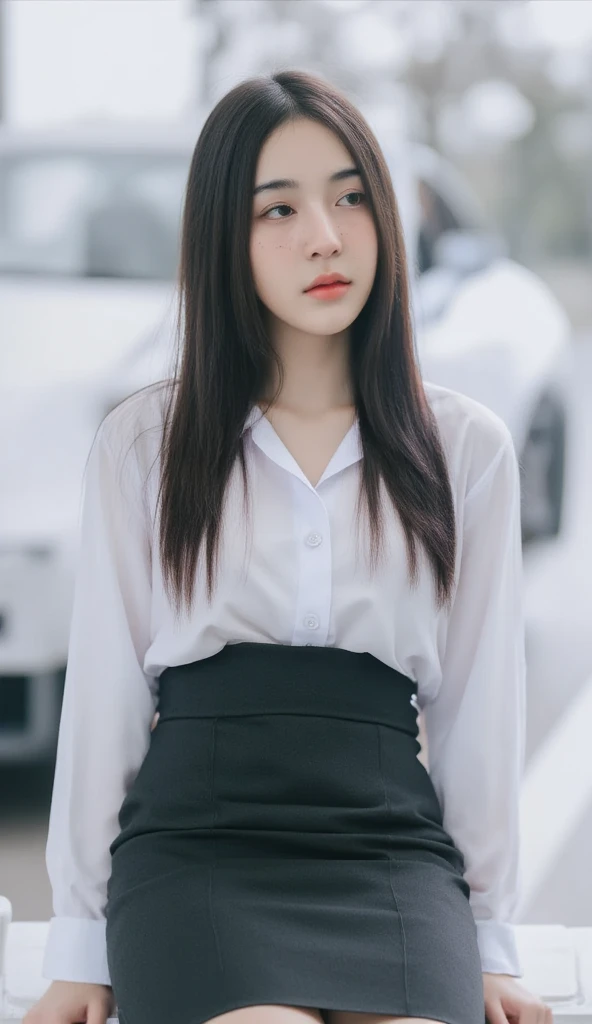 A beautiful young woman with long, dark hair and delicate freckles on her cheeks, wearing a crisp white button-up shirt and a sleek, form-fitting black pencil skirt. She sits elegantly with a melancholic expression, her eyes gazing softly into the distance...