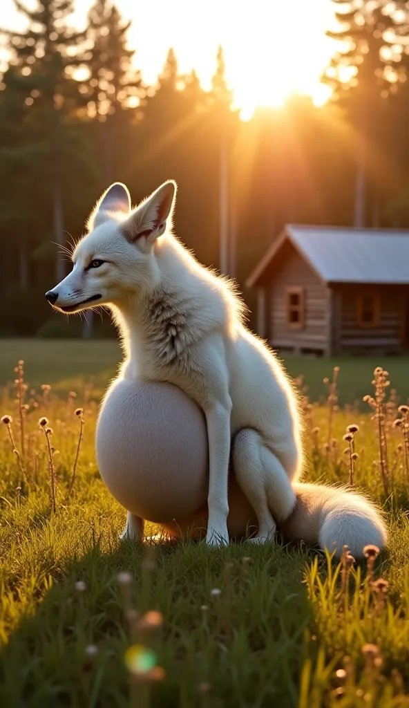 A rural forest clearing during golden hour features a massive, white, heavily pregnant fox standing alone in the soft grass. The fox's enormous, sagging belly is prominent, and its posture reflects exhaustion, with its head slightly lowered and legs appear...