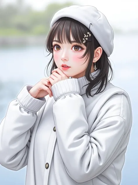 a close up of a person wearing a white jacket and a hat, Illustration by Torii Kiyomoto,  Instagram , what is it？, Chiho,  with a pretty face - pretty face , Teshirogi Shiori ,  has a cute expression,  white princess cut hairstyle,  she has a pretty face ,...