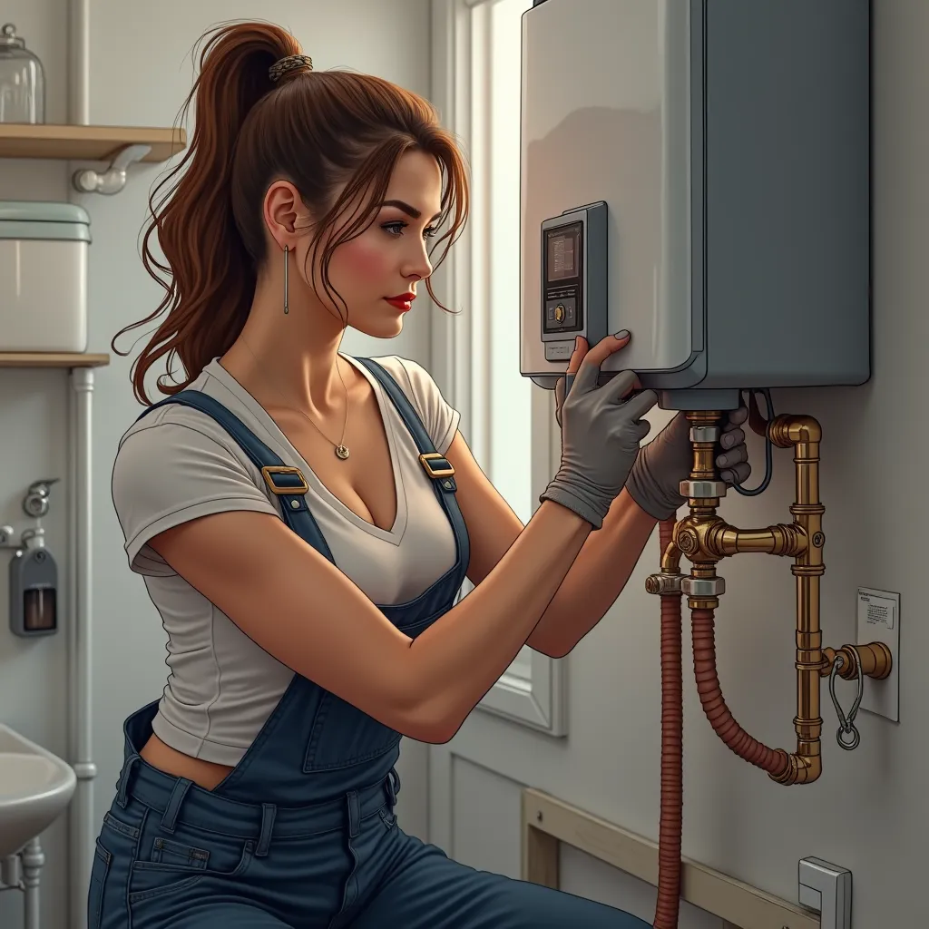 Create a detailed image of a cute woman with deep neckline installing a water heater. She is carefully connecting pipes and securing the unit to the wall with tools in hand. The setting is a well-lit utility room or bathroom, with visible plumbing and safe...