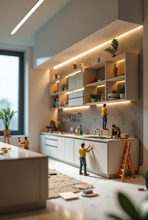 A hyper-realistic, cinematic close-up of miniature workers actively constructing a modern monumental kitchen cabinet, with workers installing cabinetry or furniture in a kitchen area. while emphasizing craftsmanship in the creation of the kitchen furniture...