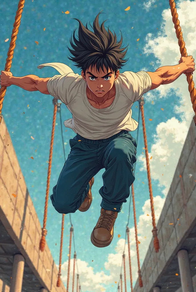  Anime style.  The guy with black hair, 25 years old. The guy jumps at full height on the rope. A guy with a serious face 