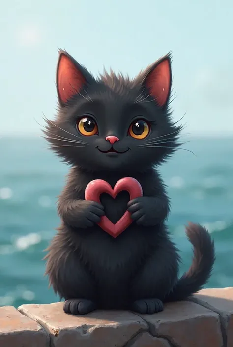 A cute black cat sits on a stone fence, Smiles warmly , making a heart figure with his hands. behind the blurred sea background, and a professional soft shadow adds depth and realism. The animal's hair is drawn in detail and fluffy, and the soft , The invi...