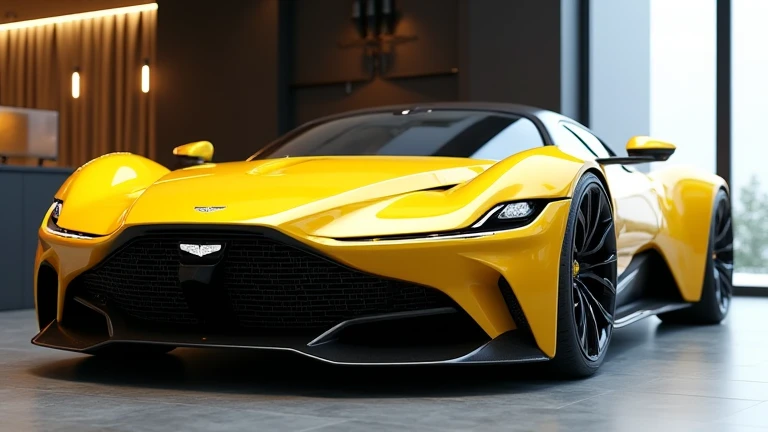 An ultra-realistic image of the side end of a futuristic side 2025 Aston Martin Valkyrie. The car features a large, imposing, and aerodynamic design with a glossy yellow shiny exterior. The side view end has a wide, aggressive grille with intricate black a...