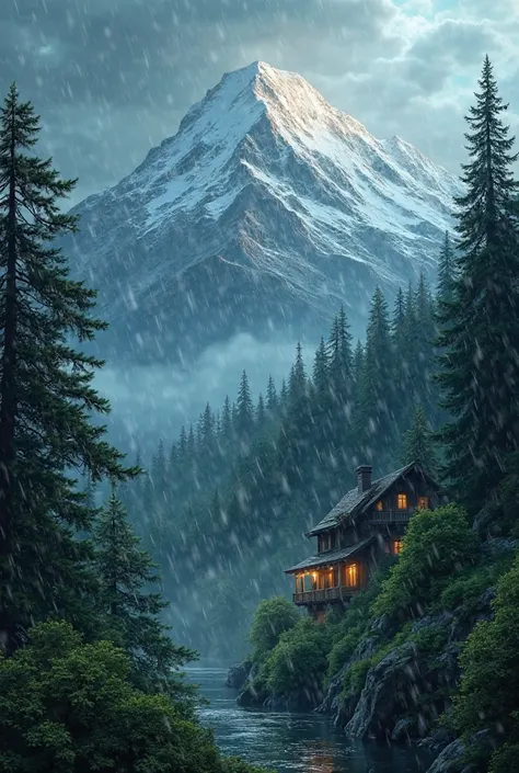 A mountain with rainfall trees and a house on the right side