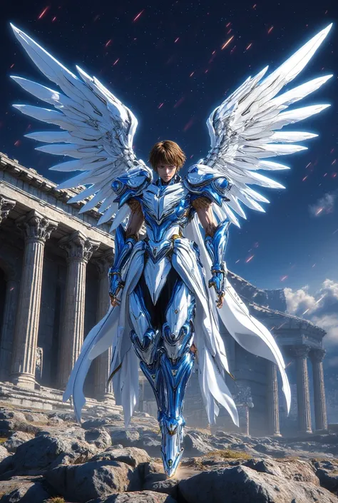 High quality lines; 8k;  Saint Seiya; Pegasus Seiya,  short brown hair, without the , wearing the Divine Pegasus armor with details of the Pegasus horse , White and blue colors with small red strokes; open wings;  Greek temple at night, Meteor showers fall...