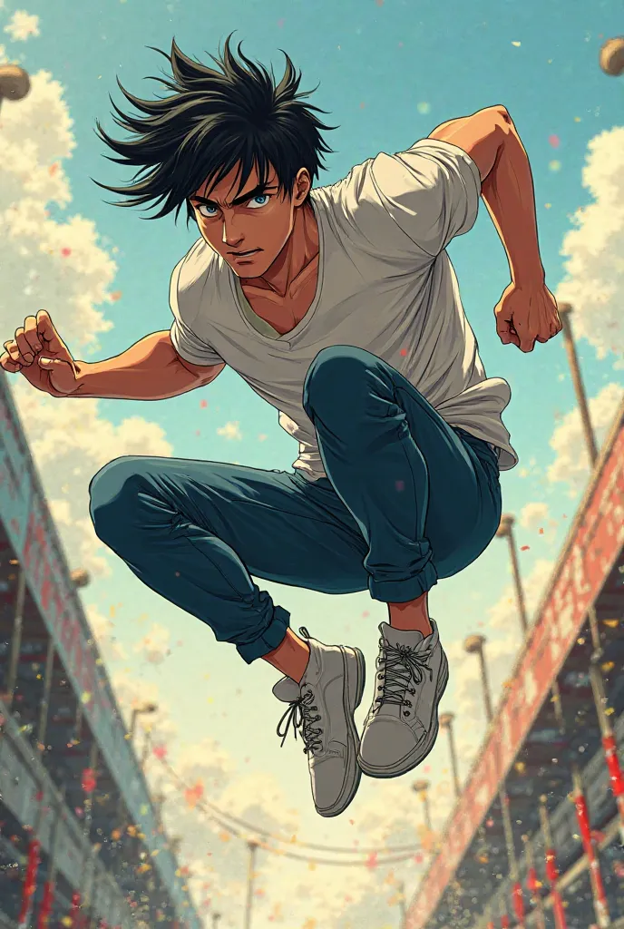  Anime style.  The guy with black hair, 25 years old. The guy jumps at full height on the rope. A guy with a serious face 