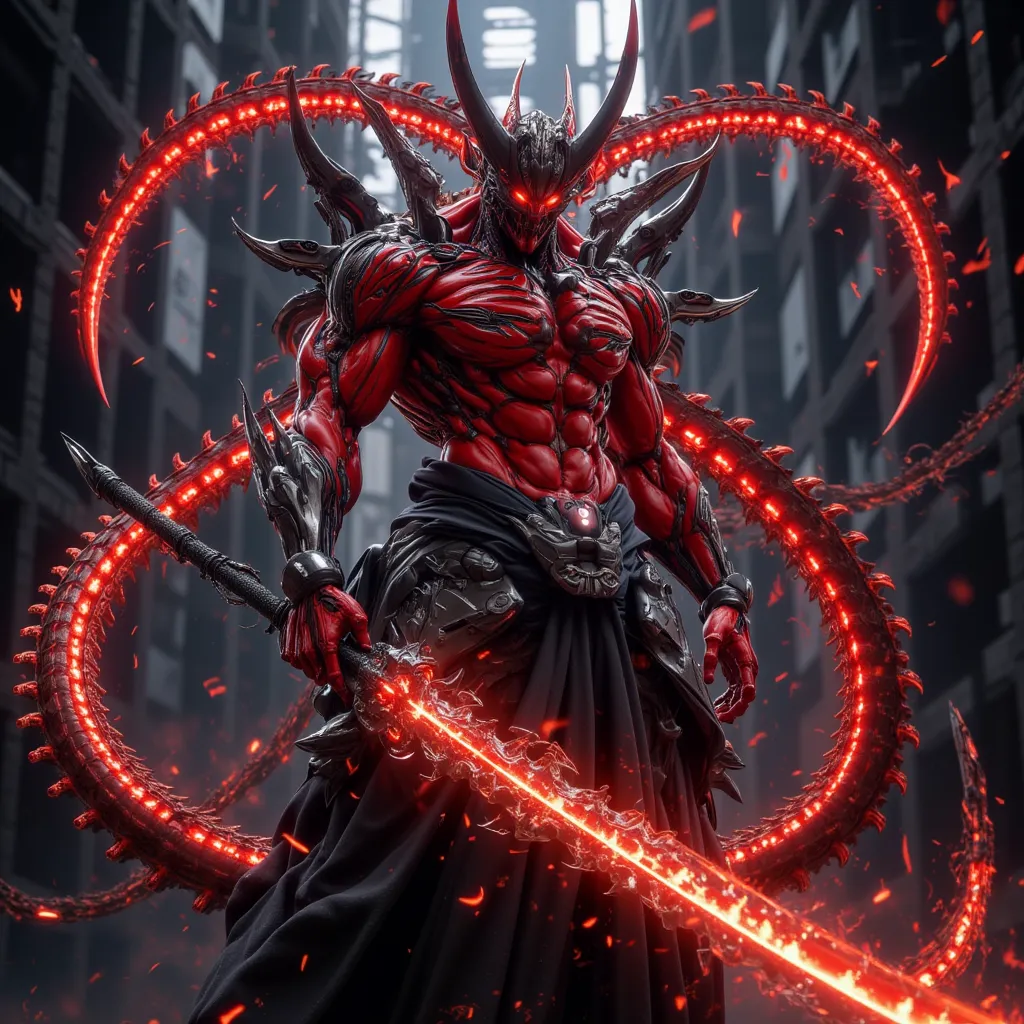 A towering, red-skinned cyber-oni with mechanical horns, glowing tribal tattoos, and an armored exoskeleton. He wields a massive energy kanabo club, crackling with raw power. Cyberpunk Japanese mythology, ultra-detailed textures, cinematic neon lighting.