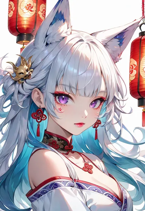  masterpiece, Highest quality, high resolution, (white background: 1.4), [ glitter], [staring at viewers, portrait, Art by 1 cute Chinese girl ], ( long hair,  Lantern, Wave Curl,   Multicolor Twisted Big Blade: 1.3, Fluffy fox ears, Air Van),  White Off S...