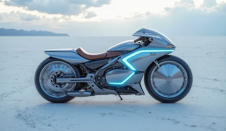  "A top-down view of the Yamaha Y/AI futuristic concept motorcycle, showcasing its sleek, metallic silver-blue aerodynamic frame. The smooth, flowing design features glowing LED strips running symmetrically along the body. The minimalist leather seat is po...