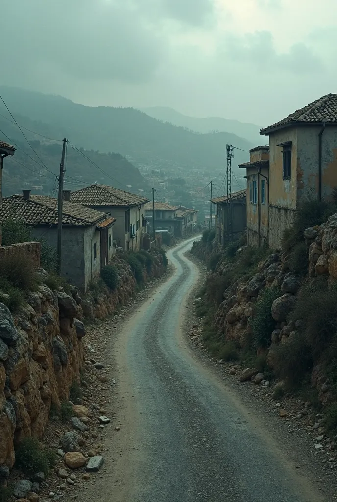 A typical Palestinian uphill road with hills and typical Palestinian buildings on each side, Very realistic, finest details, very natural, cinematic, dark, cloudy, foggy atmosphere