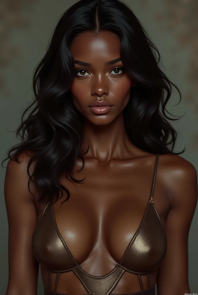 Beautiful woman never seen before, skin with chocolate colored hair, a dark skin, Clear eyes with a standard body 