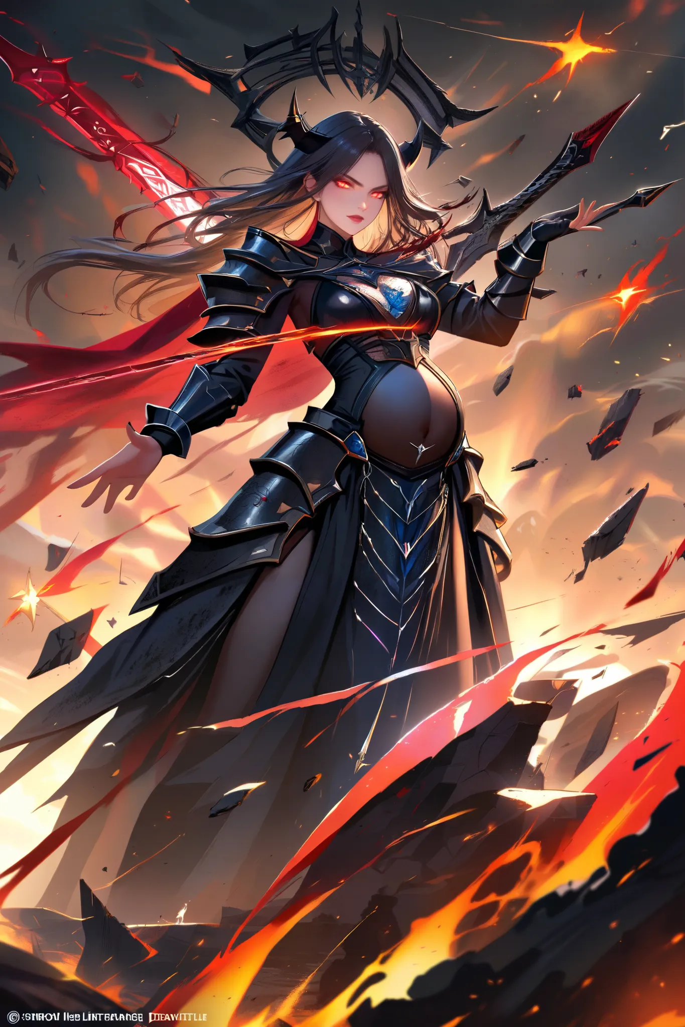 A fierce, pregnant demoness clad in intricate black armor stands tall in the midst of a desolate battlefield. Her glowing crimson eyes pierce through the thick smoke as embers dance in the air around her. Towering black horns curve elegantly from her head,...