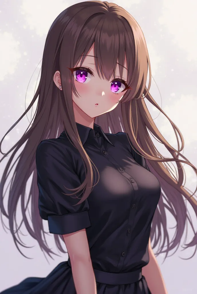 Anime girl with long brown hair with purple glowing eyes,pout face, black shirt with black skirt