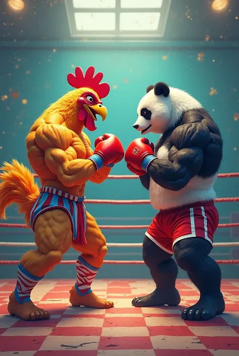 in cartoon Imagine a cartoonish but realistic figure of a human chicken and a human panda in a boxing ring,  The chicken and the panda are both muscular , Colourful HD  