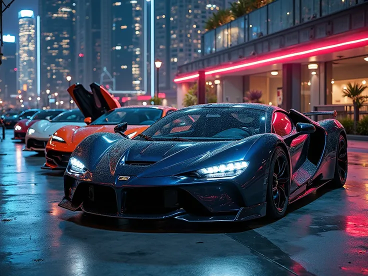 "A collection of high-end supercars parked in a luxurious setting at night. Sleek, aerodynamic designs with glossy finishes reflecting neon city lights. The lineup includes iconic brands like Ferrari, Lamborghini, and Bugatti, showcasing sharp curves, aggr...