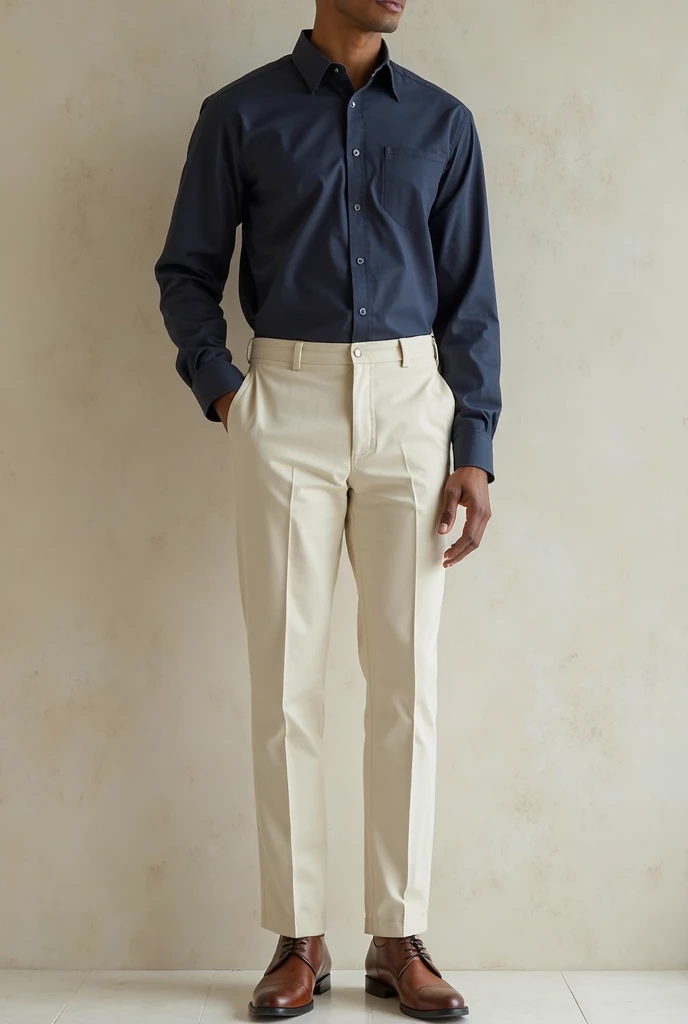 Cream colour formal pant with navy blue colour shirt