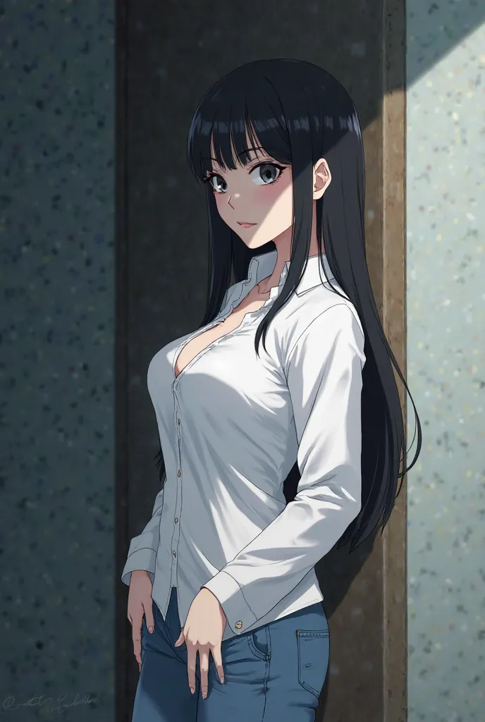 alone,white shirt,long black hair , straight bangs,sexy face,high resolution,sharp eyes,Beautiful, big eyes,bitter eyes,Ebony,Arrowhead,white and clean skin, jeans,very seductive and very huge boobs, Very detailed,\\)sexy body,recent,  irritated expression...