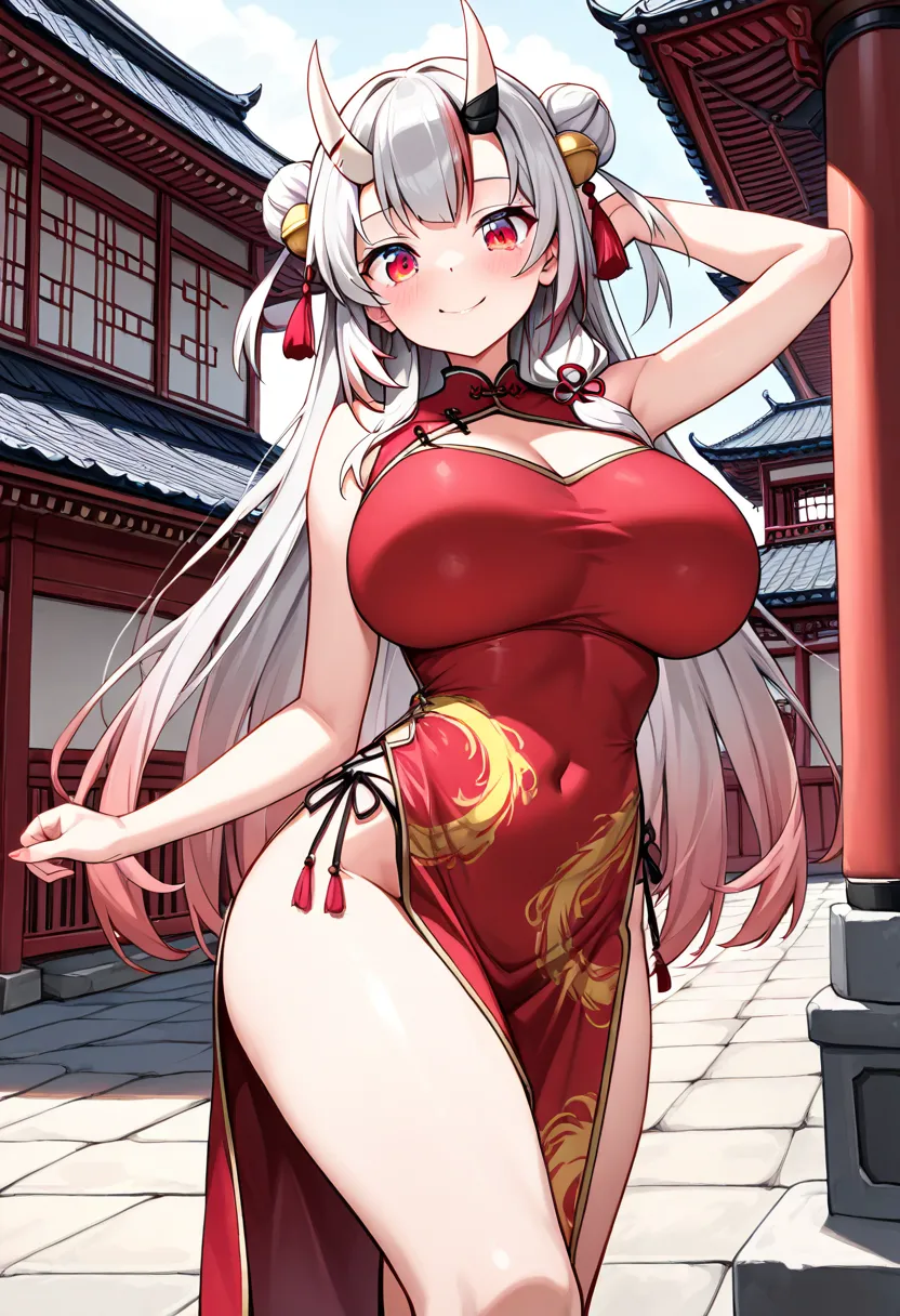 (Highest quality , 8k , masterpiece , incredibly absurdres , perfect body , super detailed skin , highly detailed eyes and face , 1 woman ) ,  nakiri ayame , Silver Hair , red eyes , demon horn , smile ,  will be happy , ( cheongsam , bun hair , east asian...