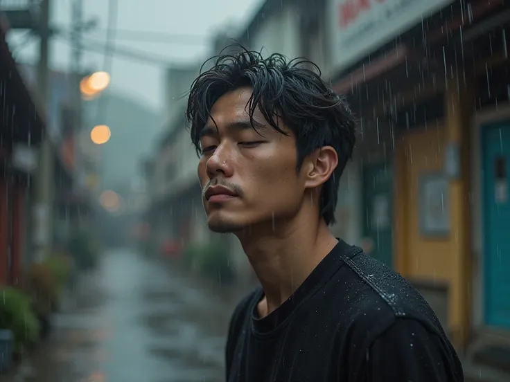  slum　There is a rainbow that looks like it draws an arc　　 photos　realistic　Realistic　My face is wet from rain　　A 30-year-old man with his eyes closed 　raise your face a little　handsome　 muscular　 Wearing Black Clothes 　 Japanese