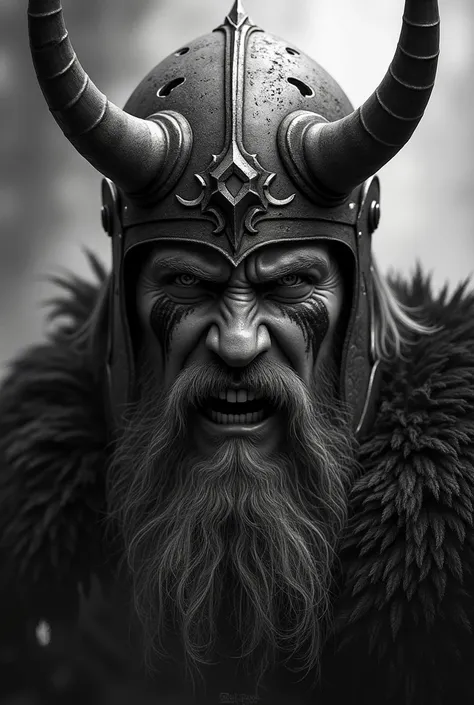 Angry Odin face, sideways helmet with beautiful horns and Viking ornamentation, Beautiful beard, crows,  blood marks on the face, war, ragnarok, Rays, All dark, hyper realistic art, black and white