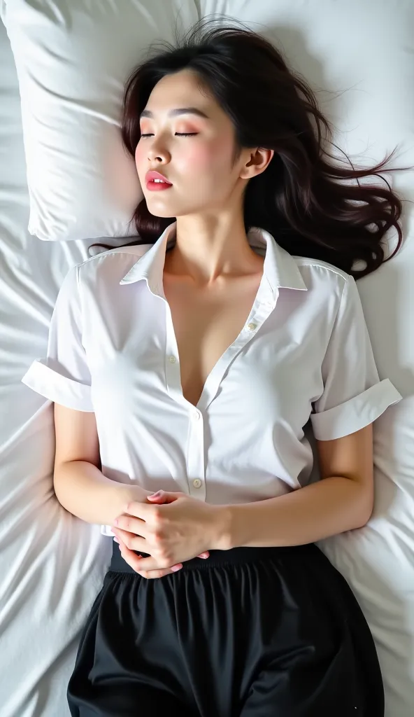 a beautiful woman, Asian American look, sleeping in a white bed in seductive posture with her eyes closed. She wears a short sleeved collared unbuttoned white shirt and a black loose skirt with slit on the side. 