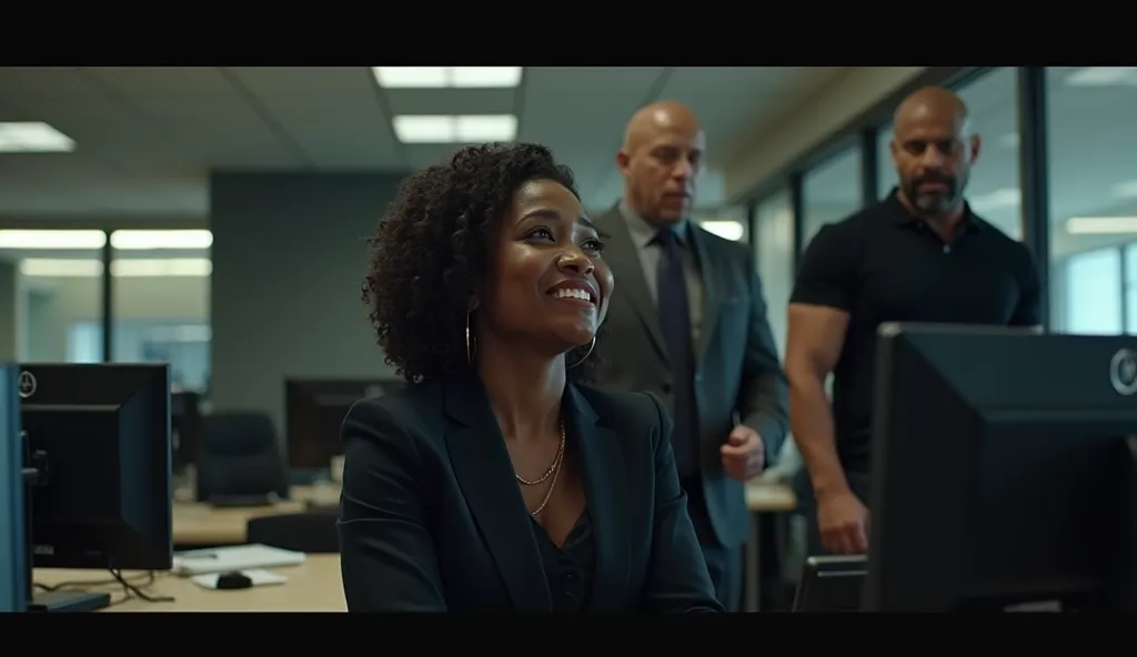 "Photo-realistic image inside a tense office environment with dim artificial lighting. In the foreground, a Black woman in a dark business suit is seated at a desk, crying with visible tears on her face. Behind her, a white man in a formal suit is shouting...