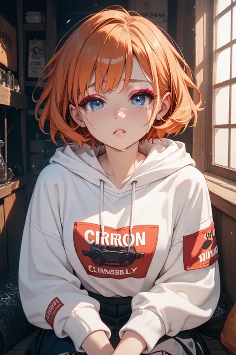 dark cellar
Orange hair　bouncy short boyish short hair　anime style girl　 long eyelashes 　big round eyes　Bright blue eyes　crimson eyeshadow　 in the ear　crying　 is frightened　White Long Sleeve Hoodie with English Letters Printed　long black flared skirt up to...