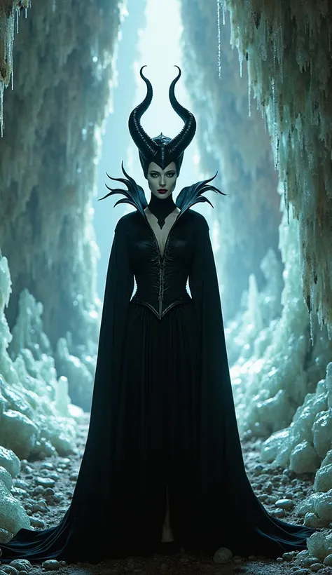 Maleficient in a crystal cave where she find's a black cristal in the middle of the cave. Full-body view and facing the viewer. 