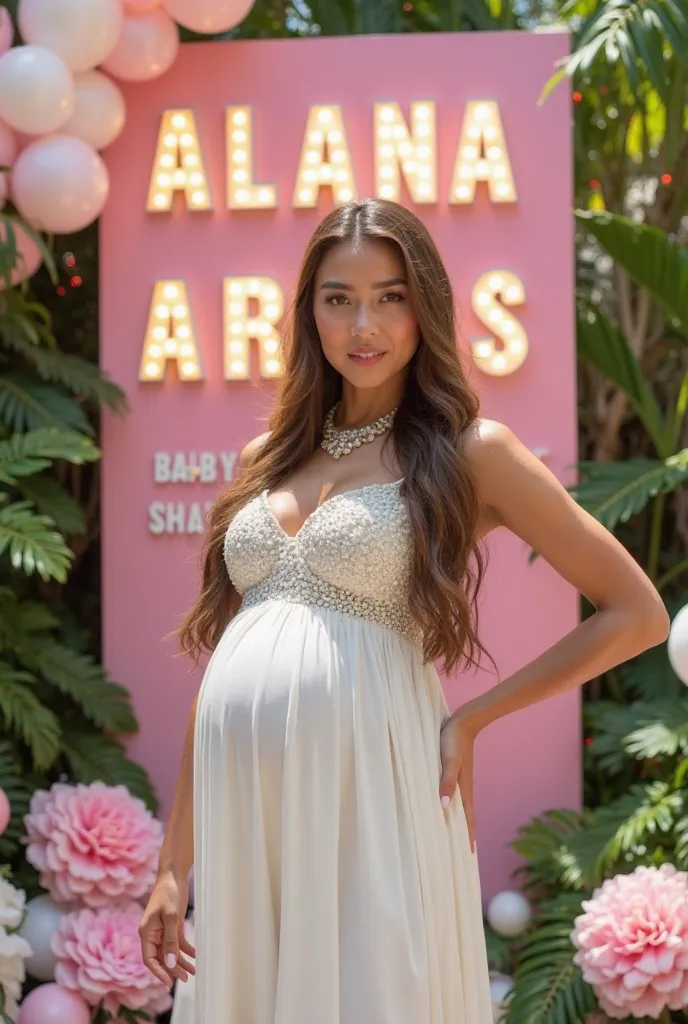 Woman with long, straight, brown hair with waves at the ends and a small pregnancy belly. She poses with her hand on her waist, wearing an elegant white Hawaiian-style dress made of stones and crystals with sea pearls and an open neckline that reaches to t...