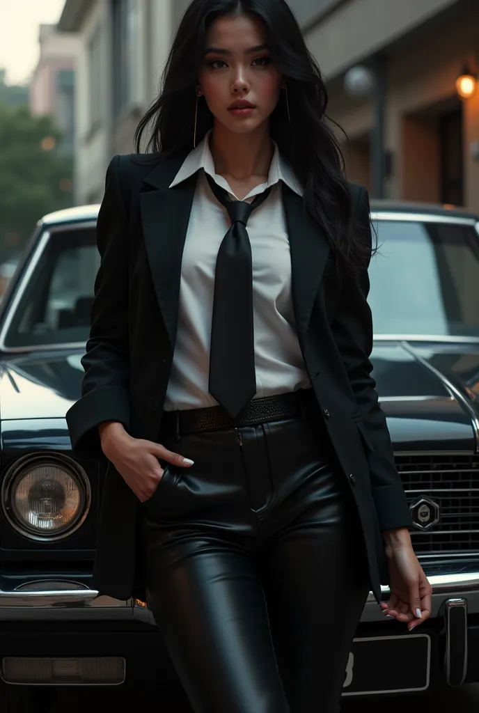 photoRealistic, a beautiful young Indonesian woman,  long black haired ,  Wearing a blazer /a long suite which was combined with a white shirt and a mafia-style black tie, wearing tight black leather pants, sepatu high heels boots, standing confidently and...