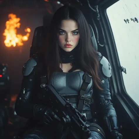 4k realistic photo, SELFIE beautiful 20-year-old Russian woman ,  long black hair ,blue eyes,   porcelain skin ,  glowing skin, soft lips. She has a tight BLACK combat suit with a WHITE T-SHIRT underneath the suit,  black belt. Holds a powerful submachine ...