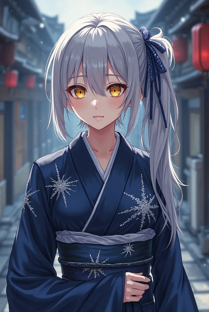  Adult woman, His dark blue kimono, adorned with silver details that resembled rays, giving her a mysterious and ruthless air. Her hair was silvery and smooth,  attached to an elegant bun , with a single loose strand running down the side of her face. Her ...