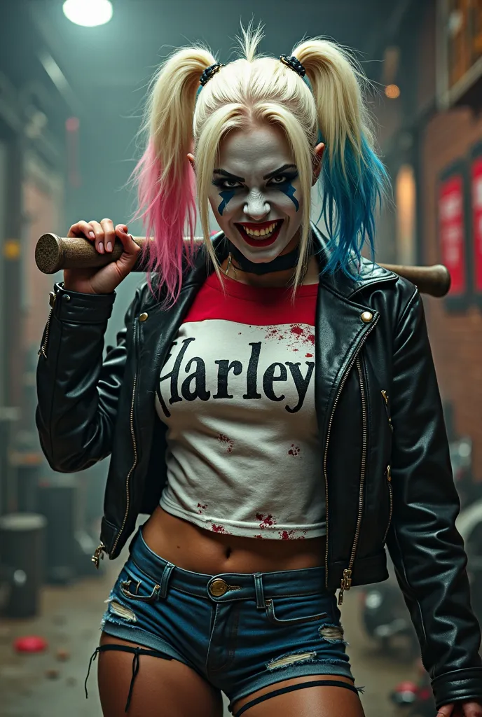 Harley Quinn blonde mohawk hairstyle hair tips half pink half blue, terrifying face she's angry, white makeup, chest lettering blue diamonds on her eyes, (8 k,  RAW Photo, Better quality,  Masterpiece :1.2), superdetailed, official art, full-length shot, p...