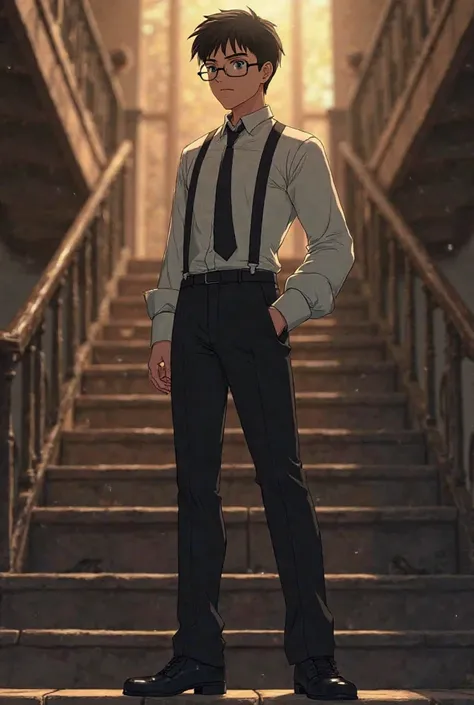 From Side, Cinematic Lighting, Glaring, Masterpiece, young man,standing,wide stairs,eye glasses,black shoes, right hand on side pocket,black formal pants, suspenders, open neck tie, white long sleeves folded up to arm, medium built body,animated, tuxedo 